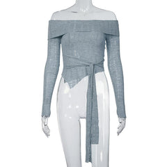 Long sleeve odd shoulder knotted knitted top