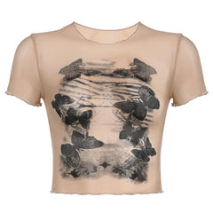 Butterfly pattern sheer mesh see through short sleeve crop top