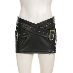 PU leather cross front buckle mini skirt