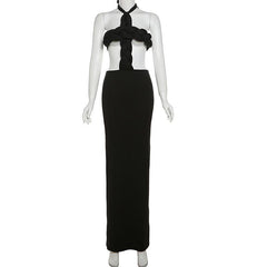 Self tie halter hollow out backless solid maxi dress