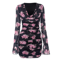 Long flared sleeve cowl neck ruffle flower print sheer mesh mini dress | samba dress
