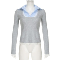 Turnover collar patchwork long sleeve lace hem knitted top