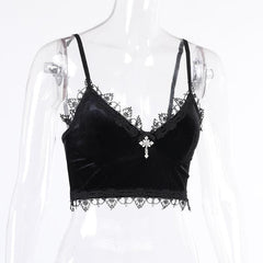 Velvet eyelash lace hem cross applique V neck crop top