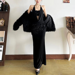 Glitter mesh patchwork fluffy maxi skirt