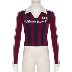 Turnover collar long sleeve striped letter print top