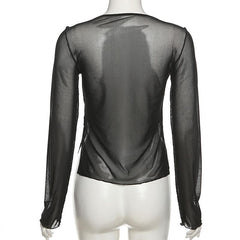 Long sleeve v neck sheer mesh self tie slit top