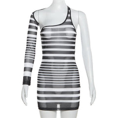 Irregular sheer mesh see through one shoulder striped mini dress | samba dress