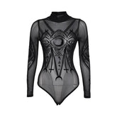 Long sleeve high neck sheer mesh eye print bodysuit