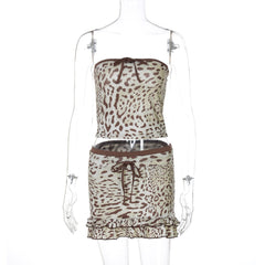 Leopard print bowknot ruffle tube mini skirt set