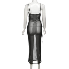 Sweetheart neck ruffle high slit sheer mesh cami midi dress | samba dress