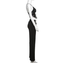 V neck PU leather lace up cami pant set