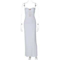 Sweetheart neck shell metal tag button hollow out tube maxi dress