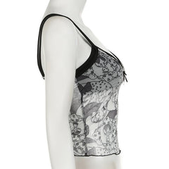 Bowknot mesh patchwork ruffle print cami top