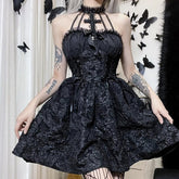 Textured cross applique ruffle halter zip-up lace up mini dress | black rave dress