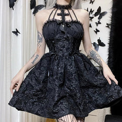 Textured cross applique ruffle halter zip-up lace up mini dress | black rave dress