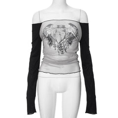 Long sleeve off shoulder ruched sheer mesh Jesus print top