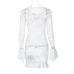 Long flared sleeve lace see through lace up mini dress