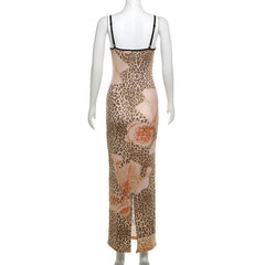 Leopard print u neck backless slit cami maxi dress