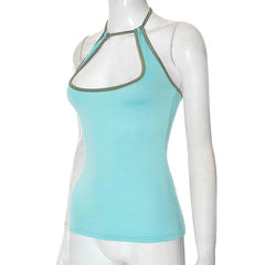 Halter contrast hollow out self tie backless cut out top