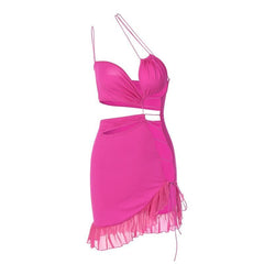 Irregular hollow out ruffle backless one shoulder spaghetti strap mini dress | red tango dress