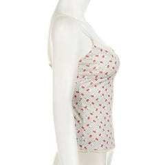 V neck cherry print bowknot lace hem polka dot cami top