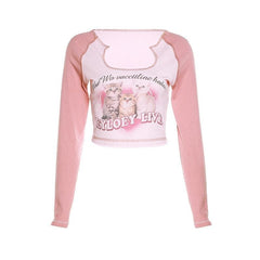 Long sleeve cat pattern notch neck stitch ribbed contrast crop top
