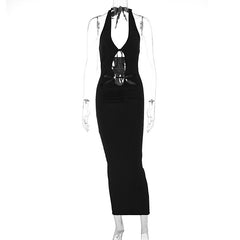 Halter hollow out backless v neck slit midi dress