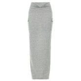 Ruched slit solid pocket high rise midi skirt