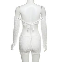 Long sleeve off shoulder backless lace see through romper