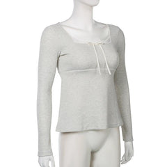Long sleeve lace hem bowknot ribbed top