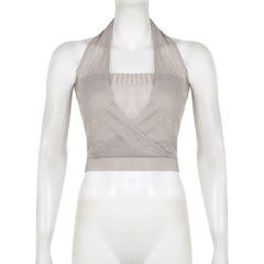 Halter knitted ribbed backless solid top
