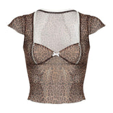 Leopard print short sleeve bowknot mesh top