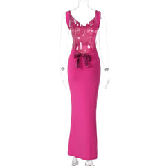 Cowl neck bowknot sleeveless backless solid maxi dress | red tango dress