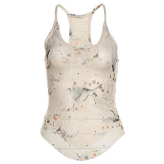 U neck sheer mesh print beaded tank top