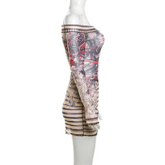 Stitch sheer mesh see through abstract off shoulder mini dress | samba dress