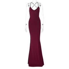 Ruched solid backless cross back v neck lace up maxi dress | red tango dress