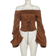 Off shoulder long sleeve lace up zip-up top