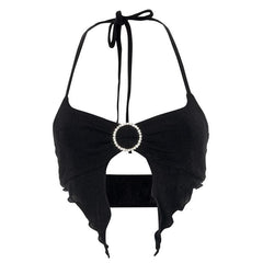 Ruffled metal ring halter cop top