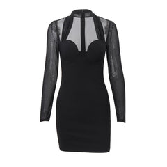 Long sleeve halter mesh zip-up mini dress