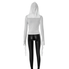 Hoodie long sleeve tassels self tie top