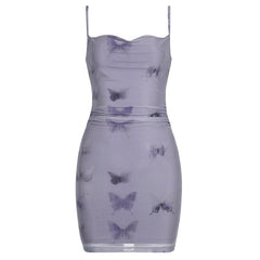 Butterfly print cowl neck ruched mesh cami mini dress