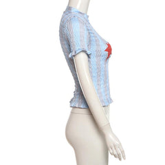 Short sleeve crewneck ruffle smocked letter print top