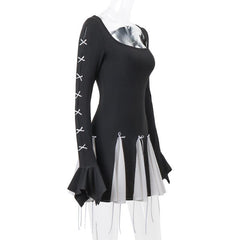 Long flared sleeve bowknot self tie u neck contrast patchwork mini dress