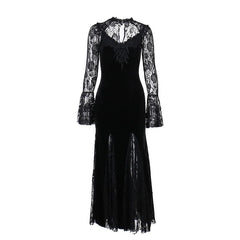 Long flared sleeve crewneck lace embroidery ruffle maxi dress | red tango dress