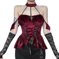 Halter velvet cross applique lace up top