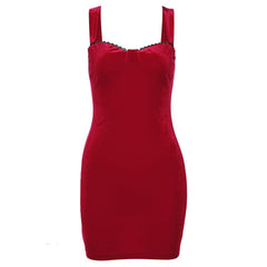Velvet solid sleeveless sweetheart neck lace hem mini dress | red tango dress