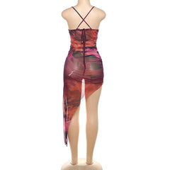 Sheer mesh cross back ruched print irregular cami midi dress | samba dress