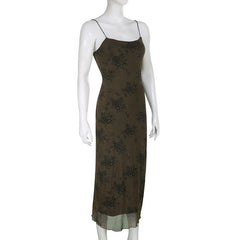 Flower print mesh zip-up cami maxi dress