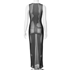 Sleeveless crewneck body print sheer mesh maxi dress | samba dress