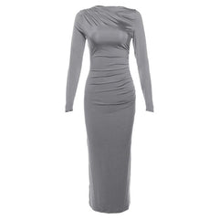 Ruched solid long sleeve zip-up maxi dress | red tango dress
